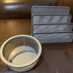 Two Piece Desk Organizer Set ,Silver Wire Mesh Metal, organizer and clip bowl